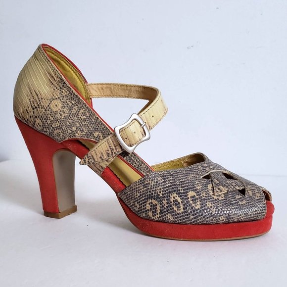FARYLROBIN Leather Snakeskin Coral Red Suede Peep Toe Heels Anthropologie - Picture 4 of 15